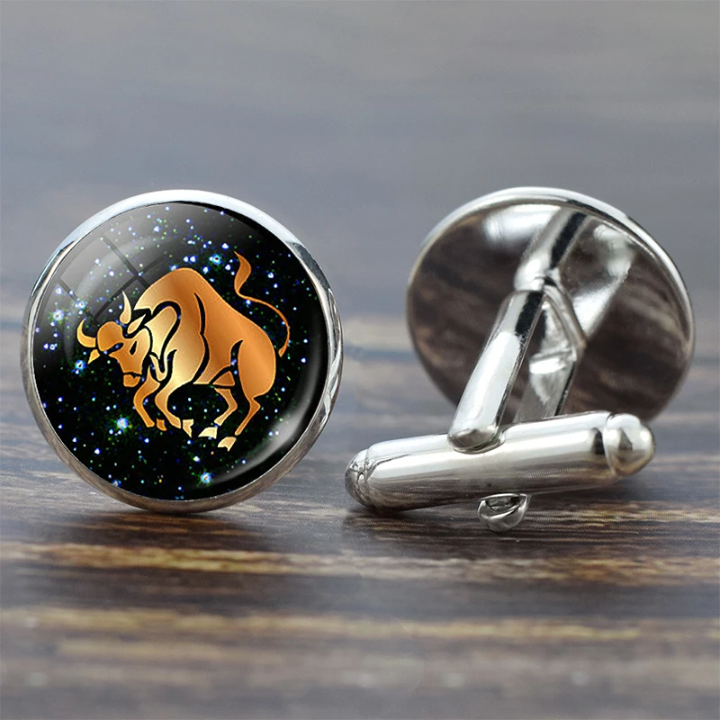 Taurus 12 Созвездие стеклянная запонка из сплава Leo знак зодиака Рыбы ручной работы стеклянные серебряные Костюмные запонки звенья Мужская рубашка подарок на день рождения - Окраска металла: Taurus