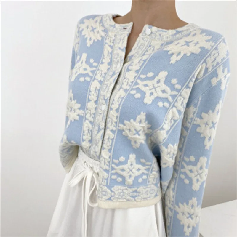 

Женские вязаные кардиганы с цветочной вышивкой на осень и зиму, повседневный плотный женский свитер с круглым вырезом, теплые свитера