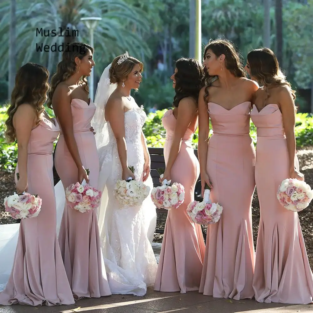 

Blush Pink Bridesmaid Dresses Long Mermaid African Maid Of Honor Dress Elegant Sweetheart Satin Plus Size Country Wedding Guest