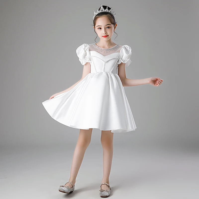 

White Short Kids Flower Girl Dress for Wedding Party Beaded V-neck Children's First Communion Dress Princess Satin Ball Gown