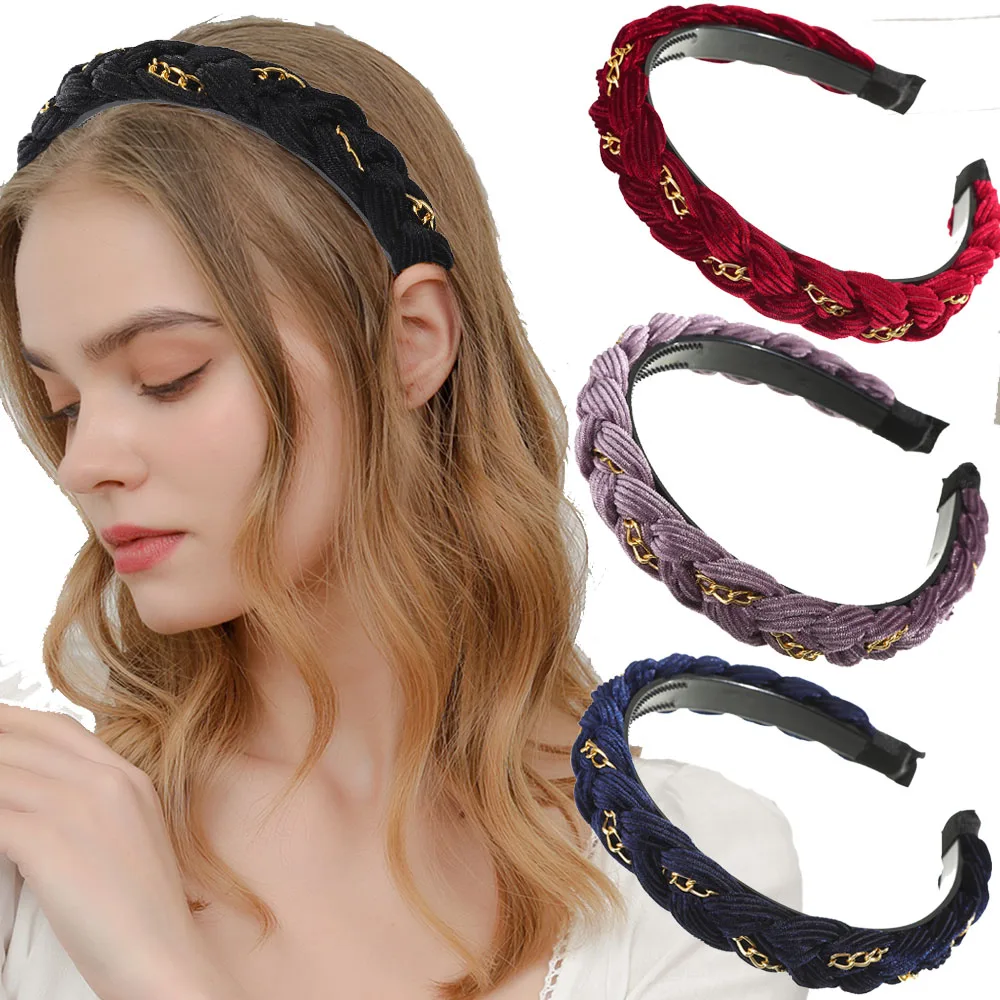 

Haimeikang New Knitting Hair Band Pearl/Chain Braided Headbands Hairband Women Fashion Solid Color Bezel Hair Accessories