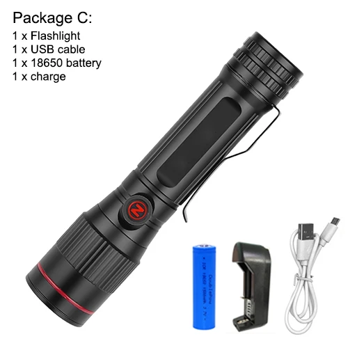 Package C Многофункциональный тактический фонарь 18650 OSRAM P8 светодиодный фонарик с тремя режимами зарядки usb масштабируемый светодиодный перезаряжаемый фонарик - Испускаемый цвет: Package C