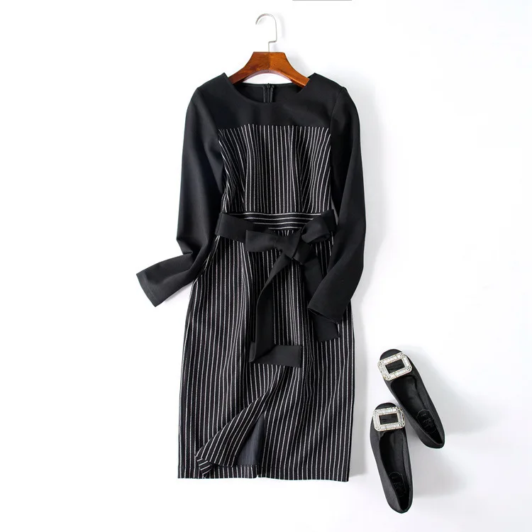 Женское платье в полоску с длинным рукавом кружевное средней длины|Женские