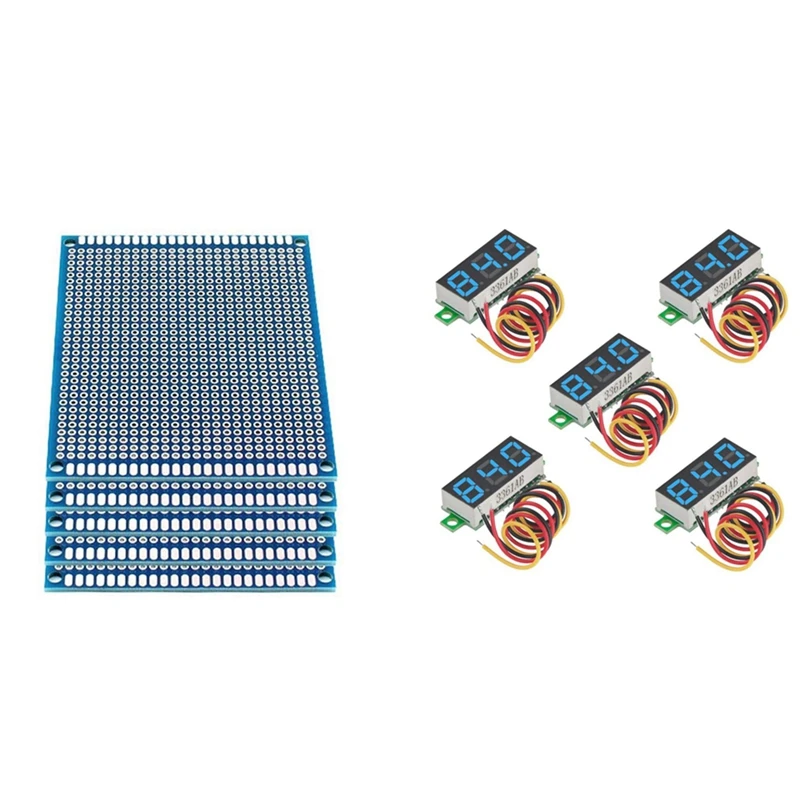 

5Pcs Mini Digital Voltmeter DC 0-100V Three-Wire Meter Tester LED Display & 5Pcs 7X9cm Double Side Prototype PCB Board