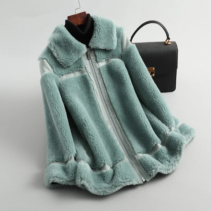 Forest green AYUNSUE овечья шерсть пальто из натурального меха зимняя куртка женская шерстяное пальто женские длинные розовые куртки Корейская верхняя одежда MY4199 - Цвет: Forest green