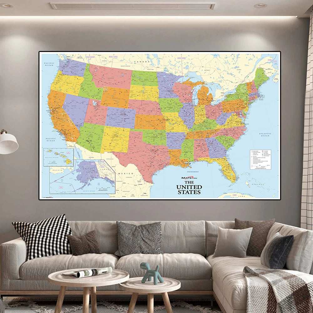 150*100cm Map of The United States with Details Non-woven Canvas Painting Wall Art Poster School Supplies Home Decoration