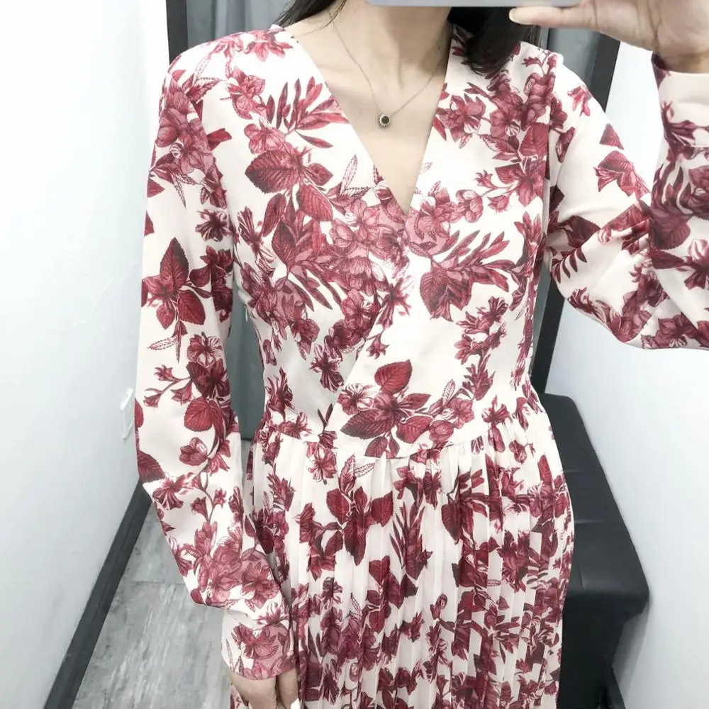Новинка женское платье с v-образным вырезом и цветочным принтом повседневное