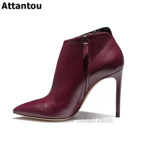 luxury wine red leather women pointed toe ankle boots real leather zapatos mujer fashon thin high heels femme ladies short boot