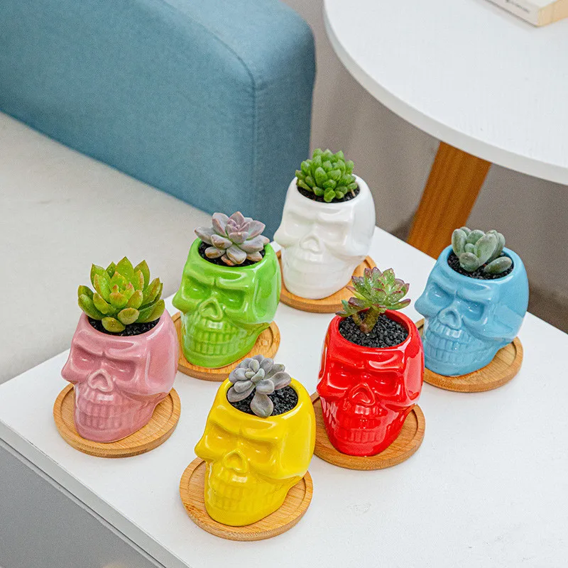 

Ceramic Skull Shape Flower Pots Mini Plant Pot Basin Micro Vase Bonsai Succulent Plant Home Decor Potted Pottery Accessories