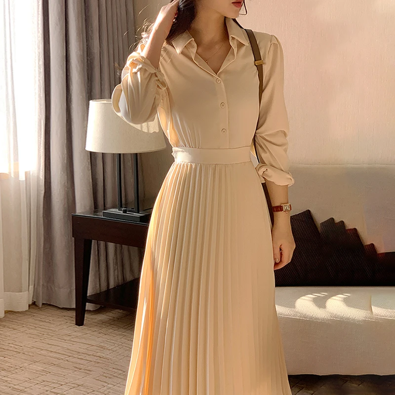 

High Waist Shirt Dress Women Summer Spring 2021 Vintage Korean High Waist Long Sleeve Dress Office Lady Pleated Dress Elegant