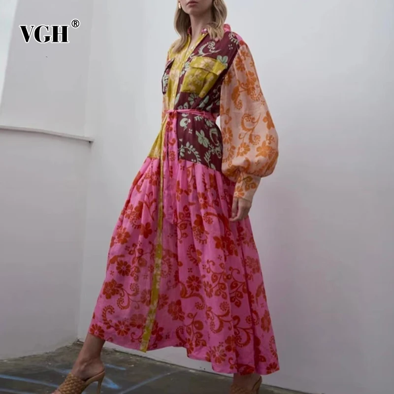 

VGH Slim Print Vintage Patchwork Colorblock Dress Female Lapel Lantern Sleeve Gathered Waist Dresses For Women Autumn Style 2021