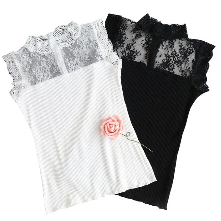 

2021 summer new lace knitted crop tops sexy mesh stitching tank top off shoulder sleeveless solid color camis for women hot