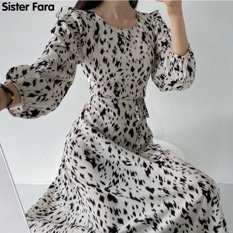 

Женское платье с поясом и круглым вырезом Sister Fara, офисное платье с высокой талией и леопардовым принтом, свободное платье-пуловер до середин...