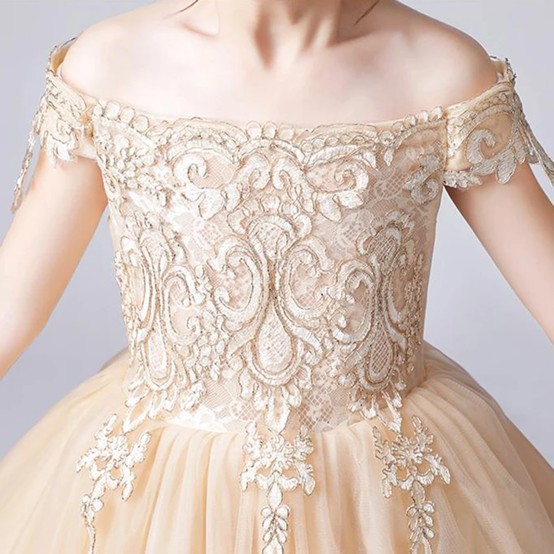 

Flower Girl Lace Long Wedding Dress New Flower Girls Ball Gone Down Party Exchange Dress Elegant Beauty Sexy Shoulder Dress K272