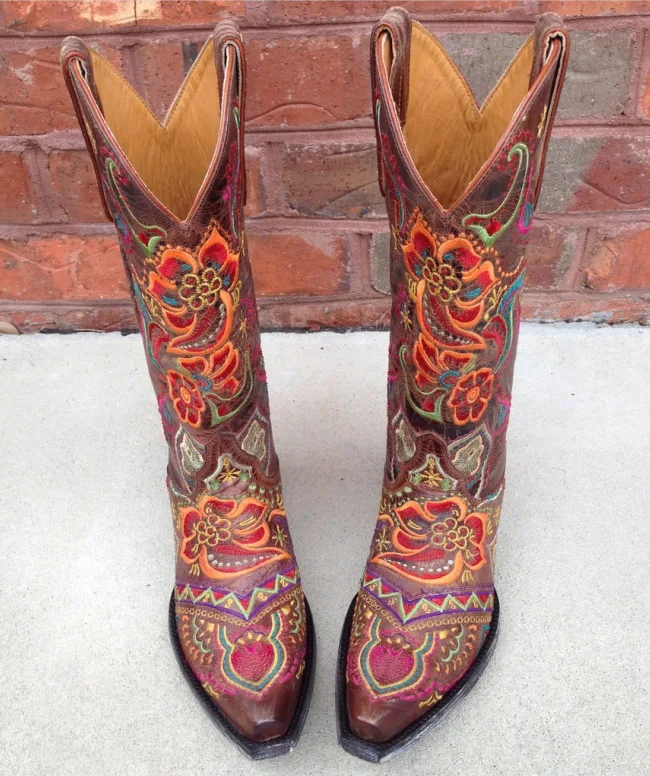 

Cross-border Source 2020 Embroidery Boots Square Boots Women Flowers Boots shoes woman