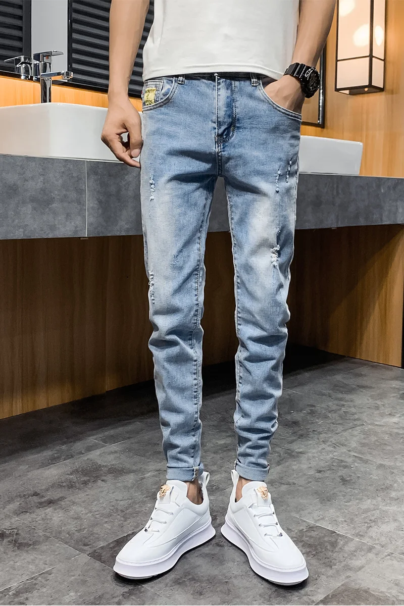 

Men's 2021 Fall New Products Young Men's Casual Jeans Korean Straight Solid Color Trousers/ ripped jeans