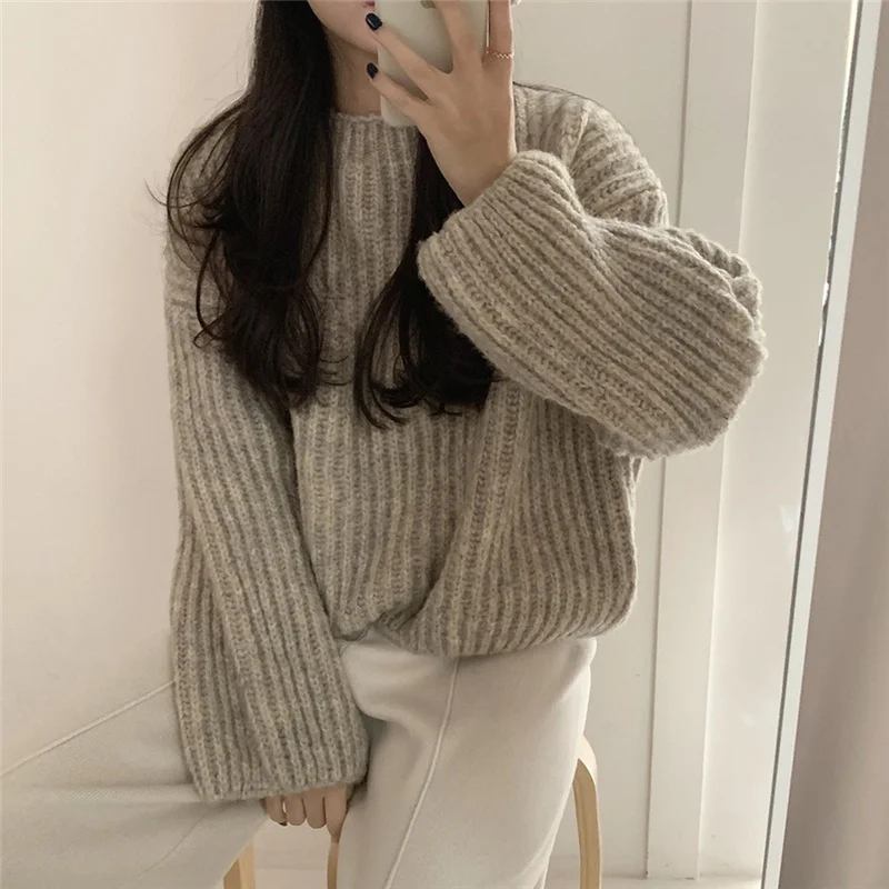 

Korean chic Hzirip neck solid nightgown casual sleeve sweater 2021 hot autumn ladies all-match stylish smooth fashion