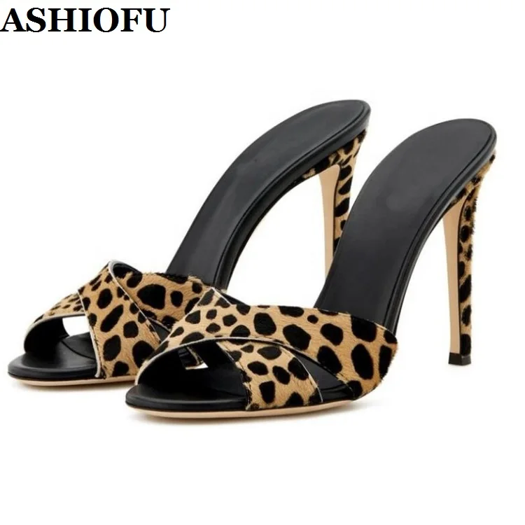 

ASHIOFU Hot Sale Handmade Ladies High Heels Slippers Leopard Cross Strap Sexy Party Slides Shoes Evening Club Fashion Slipper
