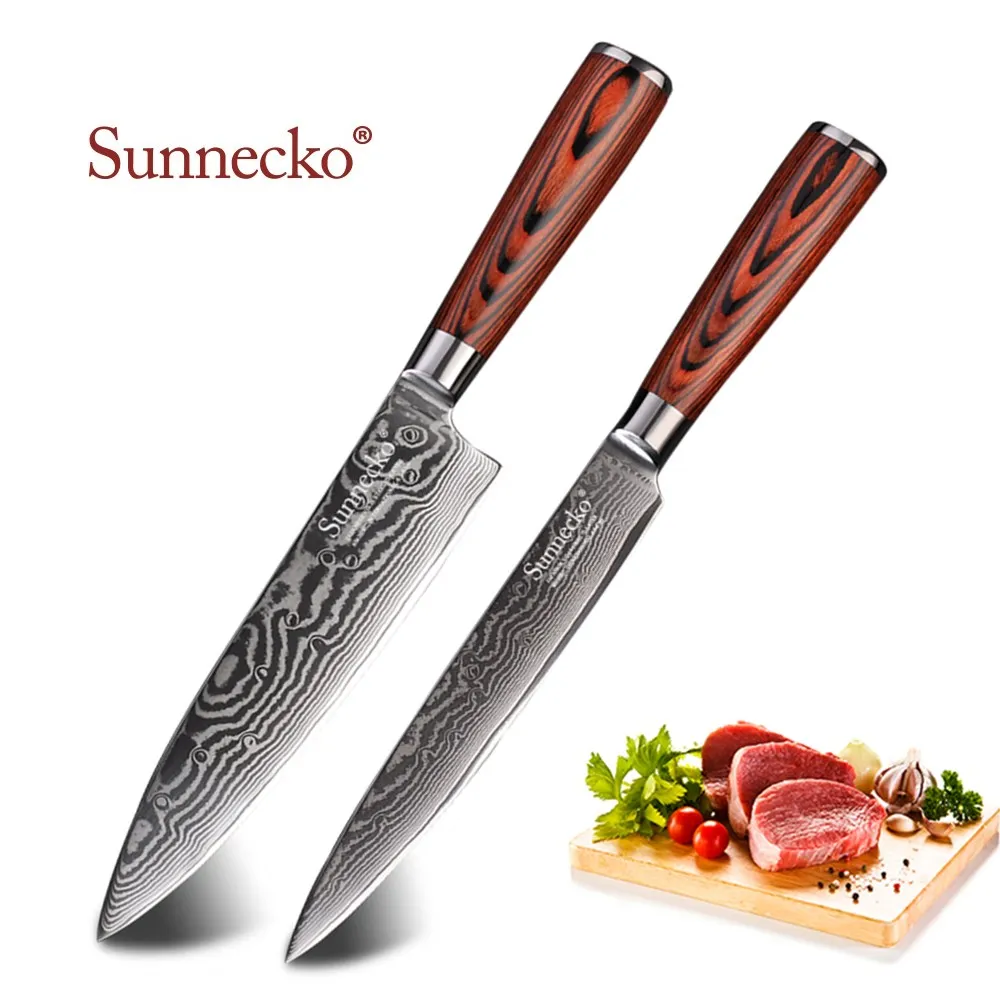 

Набор кухонных ножей Sunnecko из 2 предметов, острые лезвия из дамасской стали 8 дюймов, японская мясной нож шеф-повара, нож для нарезки овощей с д...