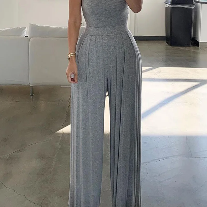 

2021 Elegant Women Grey Spring Jumpsuit Chic Sleeveless Stand Collar Ruched Wide Leg Jumpsuit For Woman