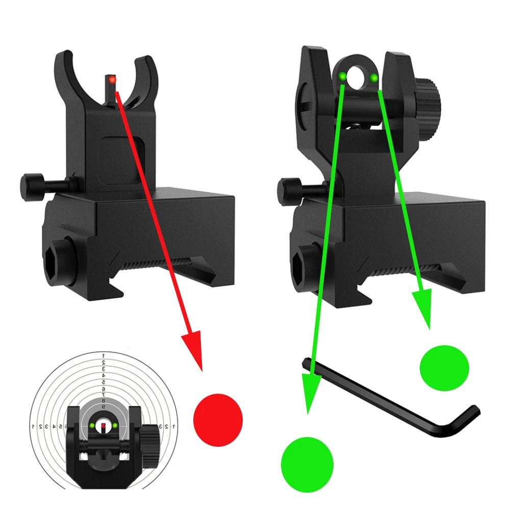 

Fiber Optics Sights Flip Up Iron Front & Rear Fiber Sights Foldable Iron Tactical Sight Fit Picatinny Weaver Rail