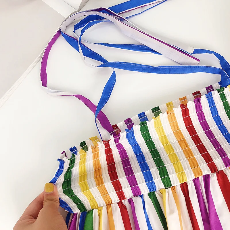 Платье для девочек милое летнее Радужное платье-комбинезон в полоску модель 2021