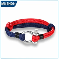 mkendn bracelets stainless steel screw anchor shackles black leather bracelet surf nautical sailor men wristband fashion jewelry