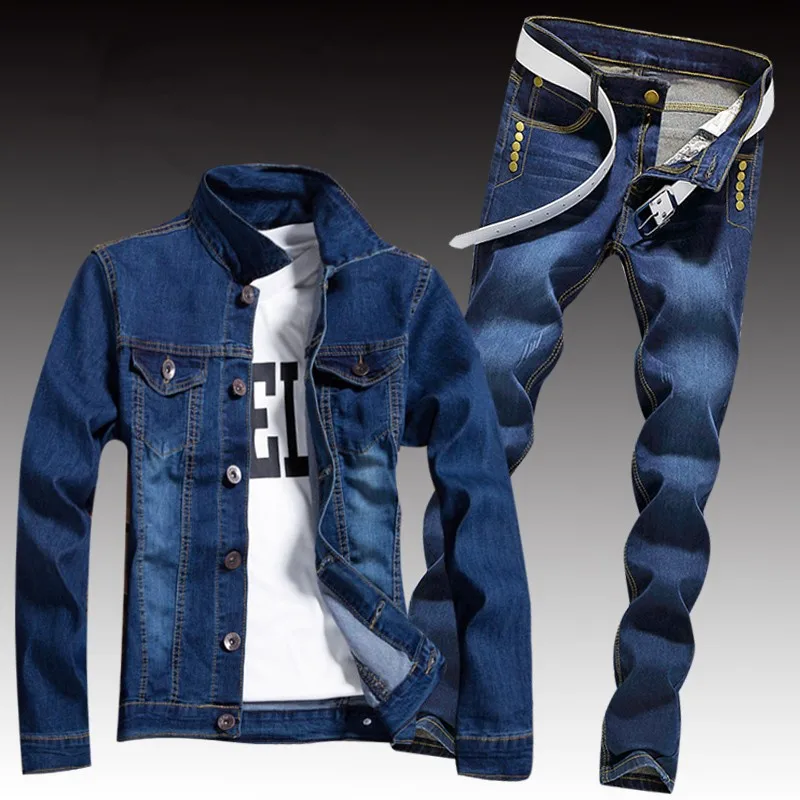 

Spring Mens Denim Two Piece Set Hole Ripped Slim Fit Jacket Jeans Sets Male Casual Vintage Ropa Hombre Cargo Suit Streetwear