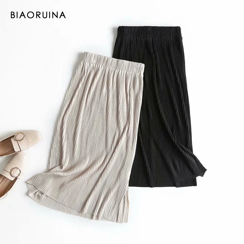 Женская плиссированная офисная юбка BIAORUINA однотонная универсальная с разрезом