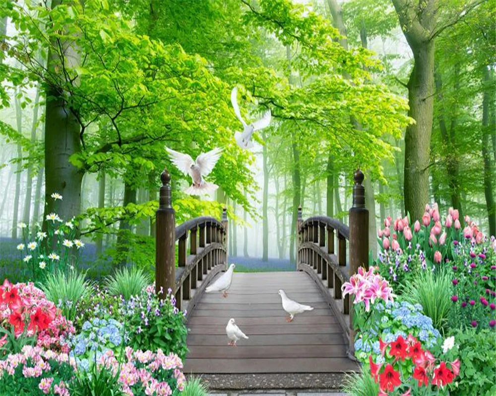 Custom Mural 3d Wallpaper Beautiful Flowers Forest White Pigeon Wood Arch Bridge Living Room Bedroom Decoration | Обустройство дома