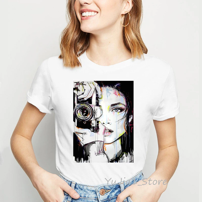 Photographic Print tshirt women vintage camera girl design t shirt 90s chemise femme DIY holiday hipster streetwear | Женская одежда