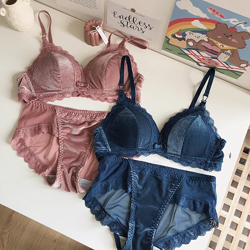 Бархатный теплый комплект с бантиком и Бралетт для женщин треугольной чашечкой