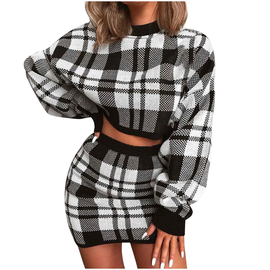 Knitted plaid 2 piece set sexy dress Women autumn elegant long sleeve mini Winter female crop sweater warm | Женская одежда