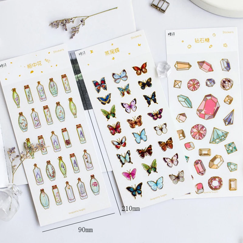 

1sheet Hot stamping Series Sticker Diamond butterfly DIY Scrapbook Sticker Diary Sticky Notes Handbook Decoration Stickers