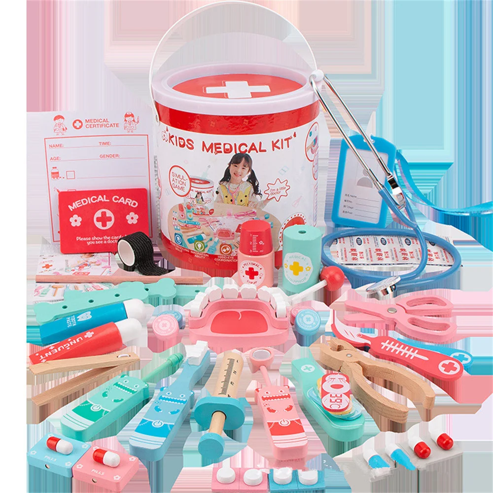 

Набор медицинских коробок, игрушка для инъекций для медсестер, ведро для стетоскопа для мальчиков, деревянная игрушка для врачей, ролевых и...