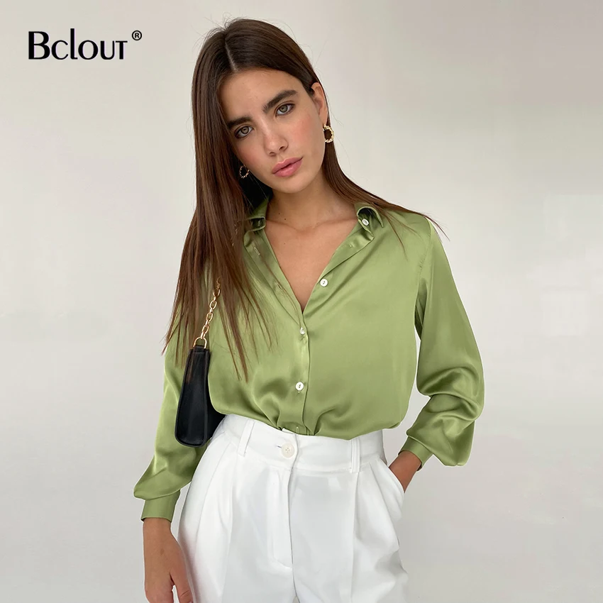

Блузка Bclout Женская атласная с длинным рукавом, Модная тонкая однобортная элегантная рубашка для офиса и вечеринок, зеленая, осень, 2021