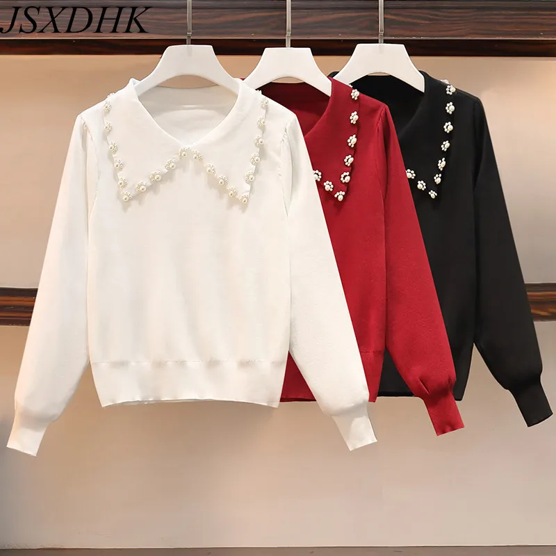 

JSXDHK Fashion Ladies Knitting Sweater Sweet Autumn Winter White Beading Peter Pan Collar Long Sleeve Loose Pullovers For Women