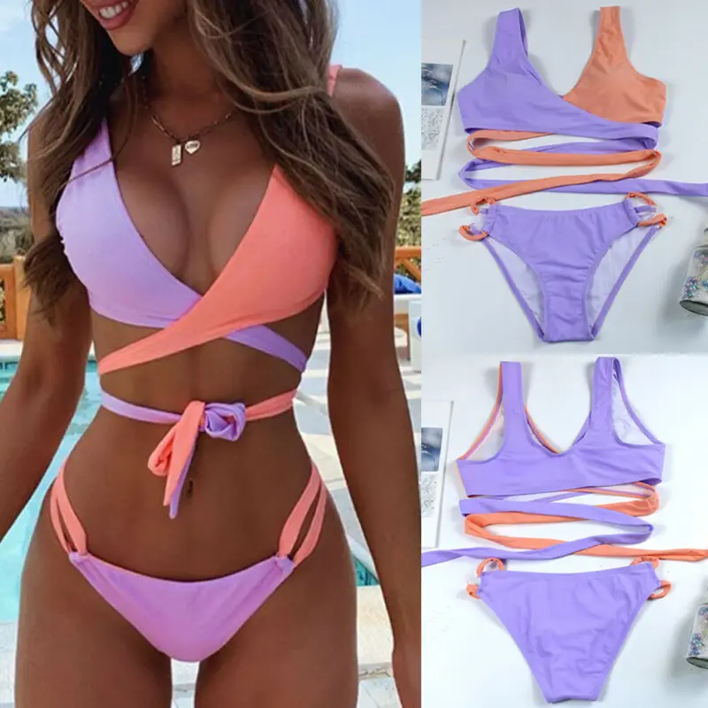 

New Women Bandage Swimsuit Swimwear Bikini Bathing Push Up Padded Monokini Striped One/Two Pieces Swimsuit maillot de bain femme