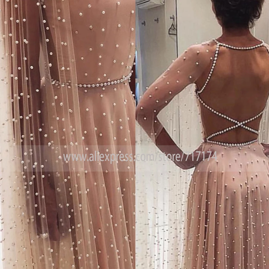 

Long A-line Halter Neckline Beading Straps Back Prom Dresses Pearls Crystals Saudi Arabia Evening Gowns Bridal Party Custom Made
