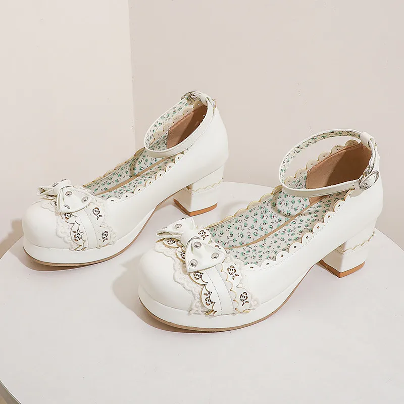 

Japanese Princess Girl Lolita bow cute jk student round head high-heeled and sweet shoes Vintage Sweet Lolita Shoes cos loli New