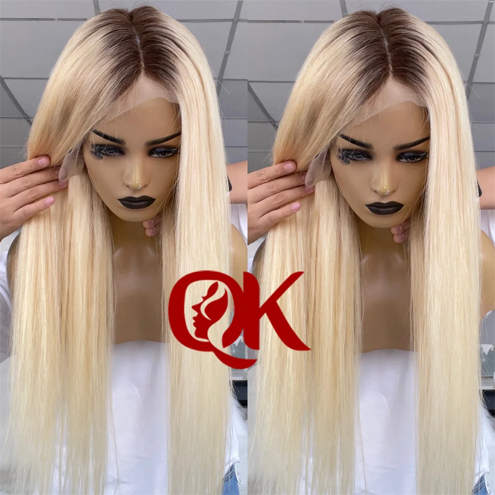 QueenKing-Peluca de cabello humano brasileño, pelo liso y sedoso con malla frontal, degradado 180% color rubio, densidad de 4/613, 13x6