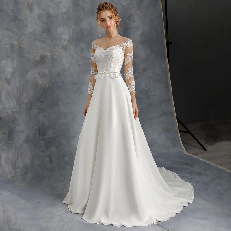 A-Line 3/4 Sleeve Wedding Dresses 2021 Sheer O-Neck Lace Appliques Sweep Train Chiffon Long Civil Bridal Gown With Button