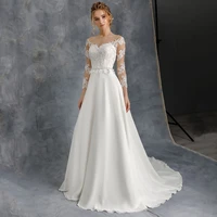 a line 34 sleeve wedding dresses 2021 sheer o neck lace appliques sweep train chiffon long civil bridal gown with button
