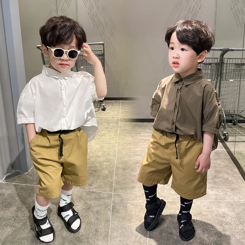 

2021 Summer New Kids Clothing Sets 2-8 Y Baby Boy Korean Handsome Set Lapel Solid Shirts Casual Shorts 2pcs Suit for Boy Clothes