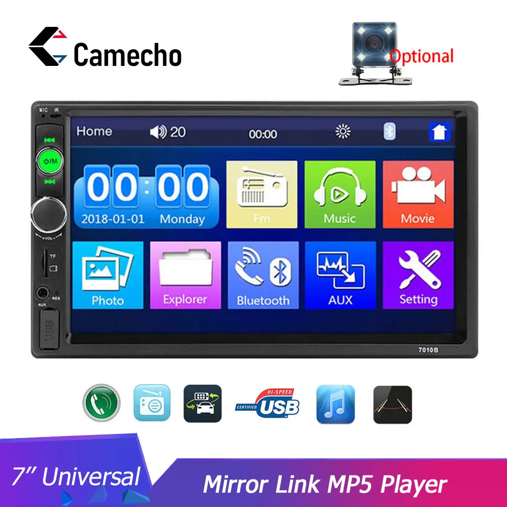 Camecho Автомагнитола HD " сенсорный экран стерео 2 Din Bluetooth FM зеркальная связь SD USB Aux вход Mp5 плеер Поддержка камеры заднего вида