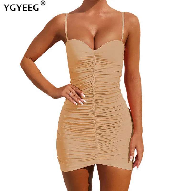 

YGYEEG Black Sexy Dress Spaghetti Strap Female High Waist Sheath Club For Women Short Summer Mini Sleeveless Pack Folds Vestidos