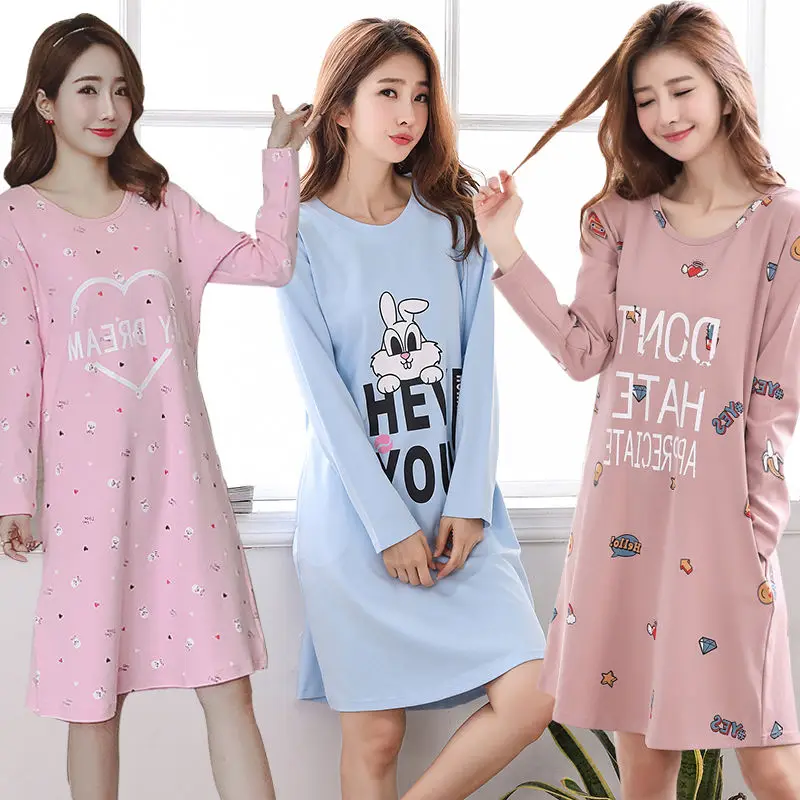 

Cute Cartoon Women Nightgowns Cotton Nightdress Homewear New Autumn Night Dress Causal Sleepwear Long Sleeve Pyjamas M-3XL W56