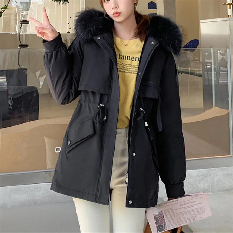 

Парка женская Длинная зимняя с меховым капюшоном, модная Толстая теплая куртка свободного покроя, элегантная хлопковая верхняя одежда