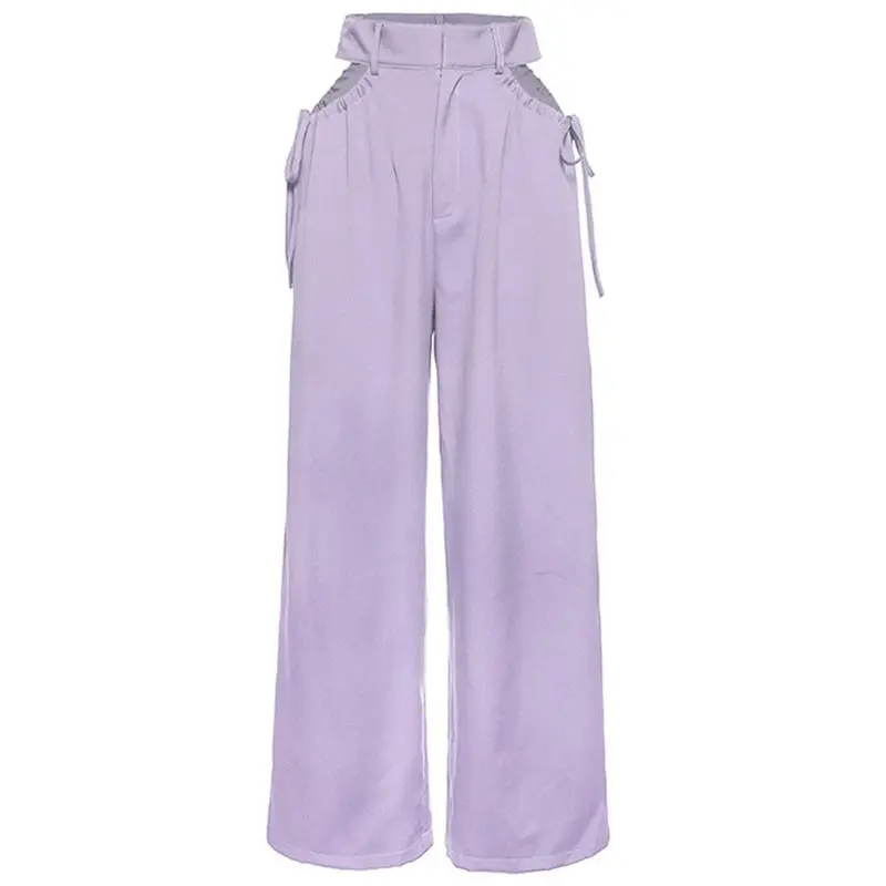 

Women High Waist Hollow Out Loose Long Pants Side Drawstring Wide Leg Trousers