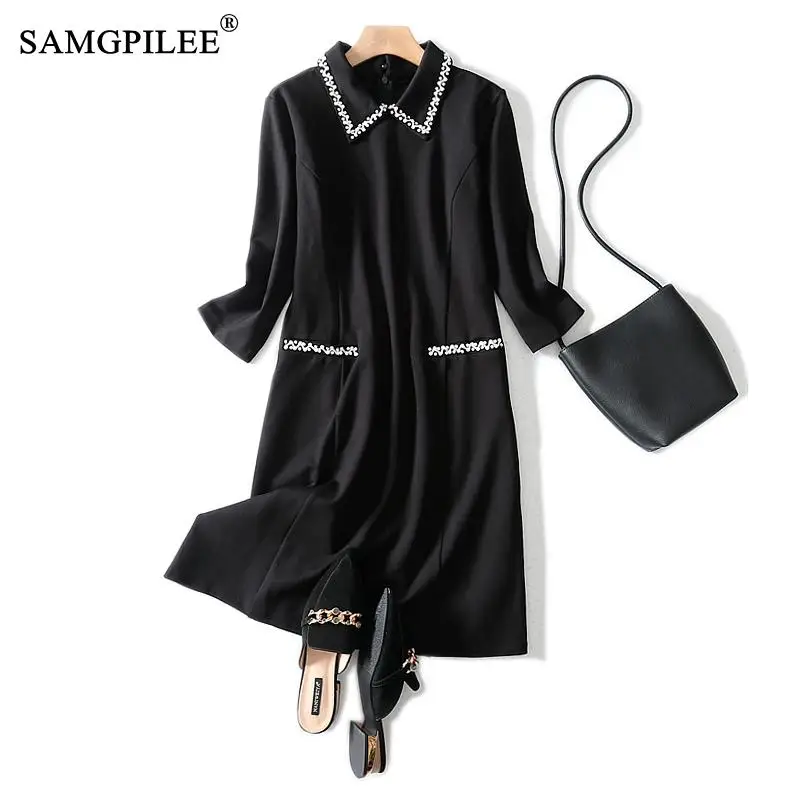 

Winter Dresses For Women Casual A-line Solid Three Quarter Sleeve Hand Make Diamonds Turn-down Collar Women Autumn Dresses 3XL